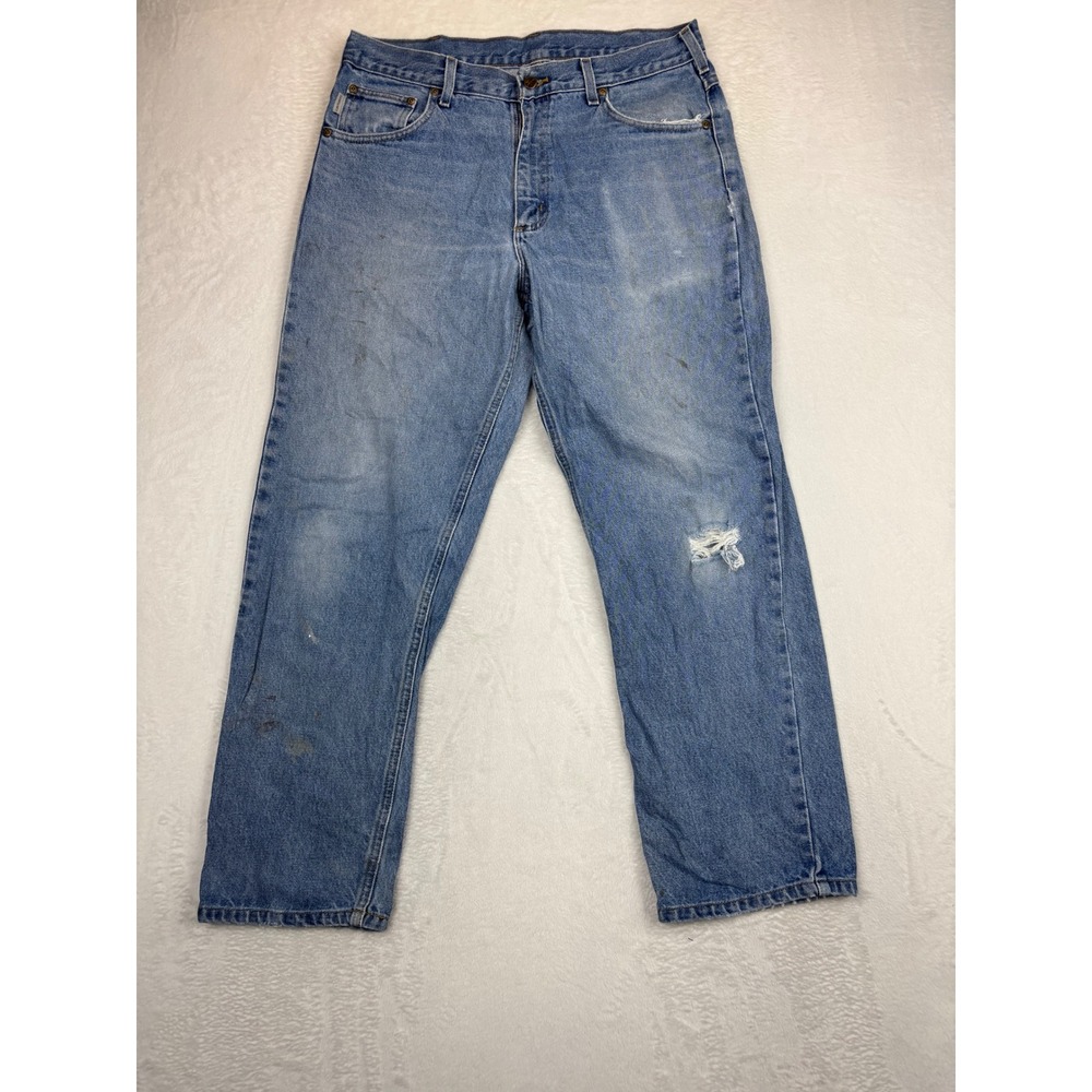 Carhartt Mens 34x34 Light Distressed ‎ Washed Workwear Blue Denim Vintage Fade